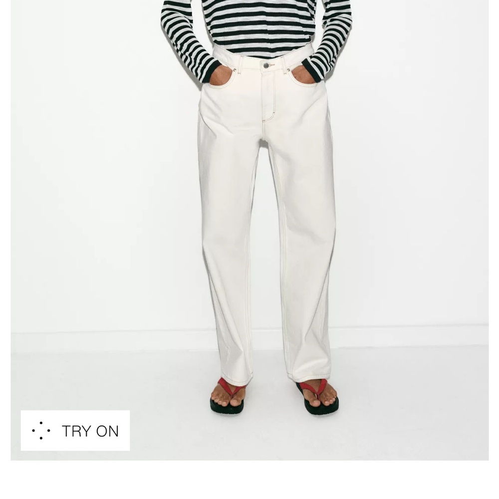 Zara High Waisted White straight long leg jeans